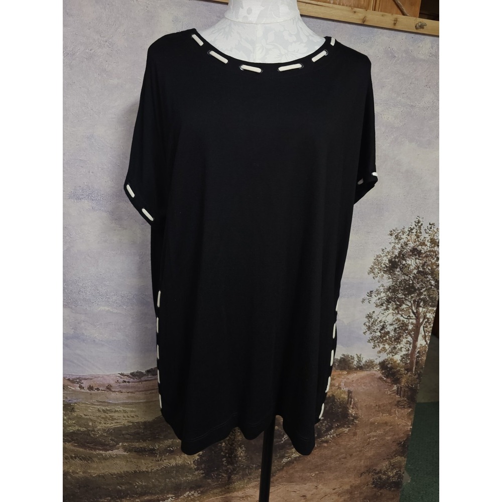 Capote Women's Black with Rope Trim Rayon Short Sleeve Blouse Top Size XL